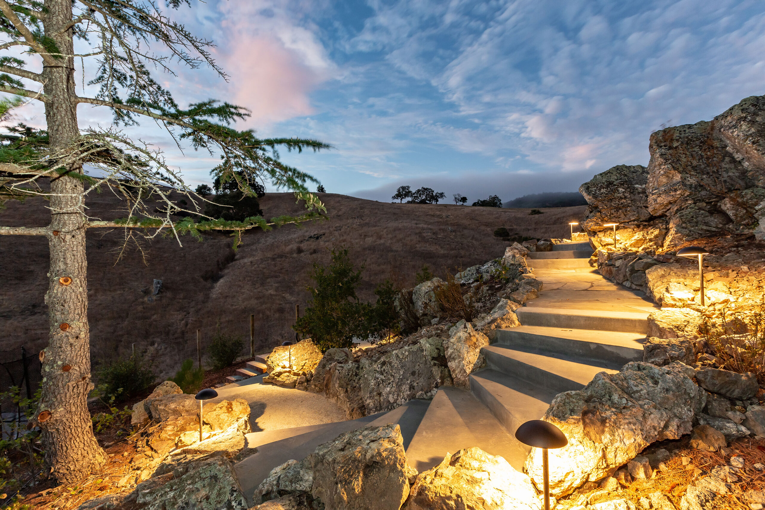 garden rock steps lighted at night